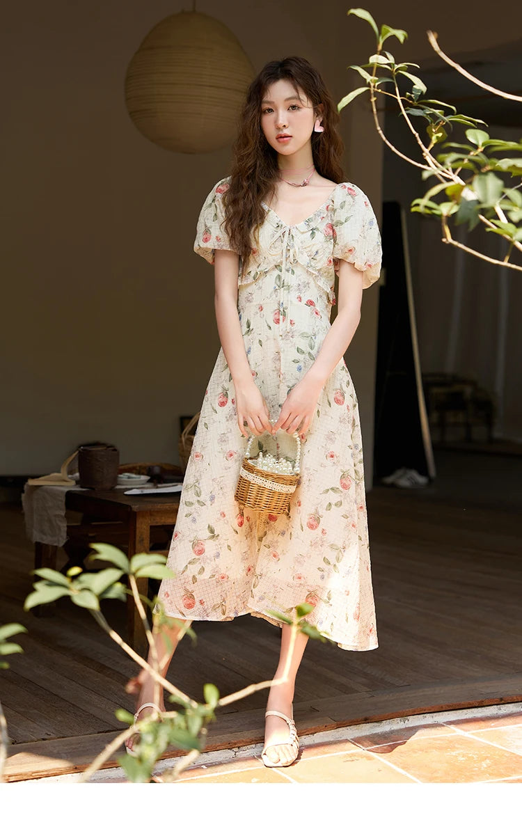 MISHOW Elegant Fairycore Floral Dresses for Women 2023 Summer French A-line Ruffles V-neck Puff Sleeve Sweet Dress MXC33L1465