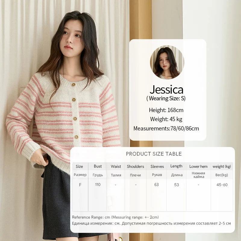 MISHOW Women's Pink Striped Cardigan 2025 Autumn Winter French Style Round Neck Wool Blended Sweater Loose Casual Top MXE49Z2615