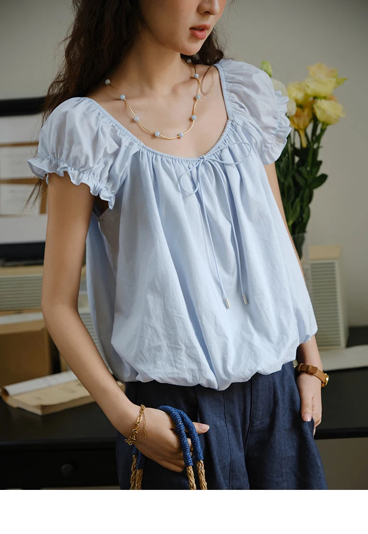 MISHOW 100% Cotton Blouse for Women 2025 Summer New Fashion Puff Sleeve Casual Commute Lace Up Top Ladies Clothing MXE37X1893