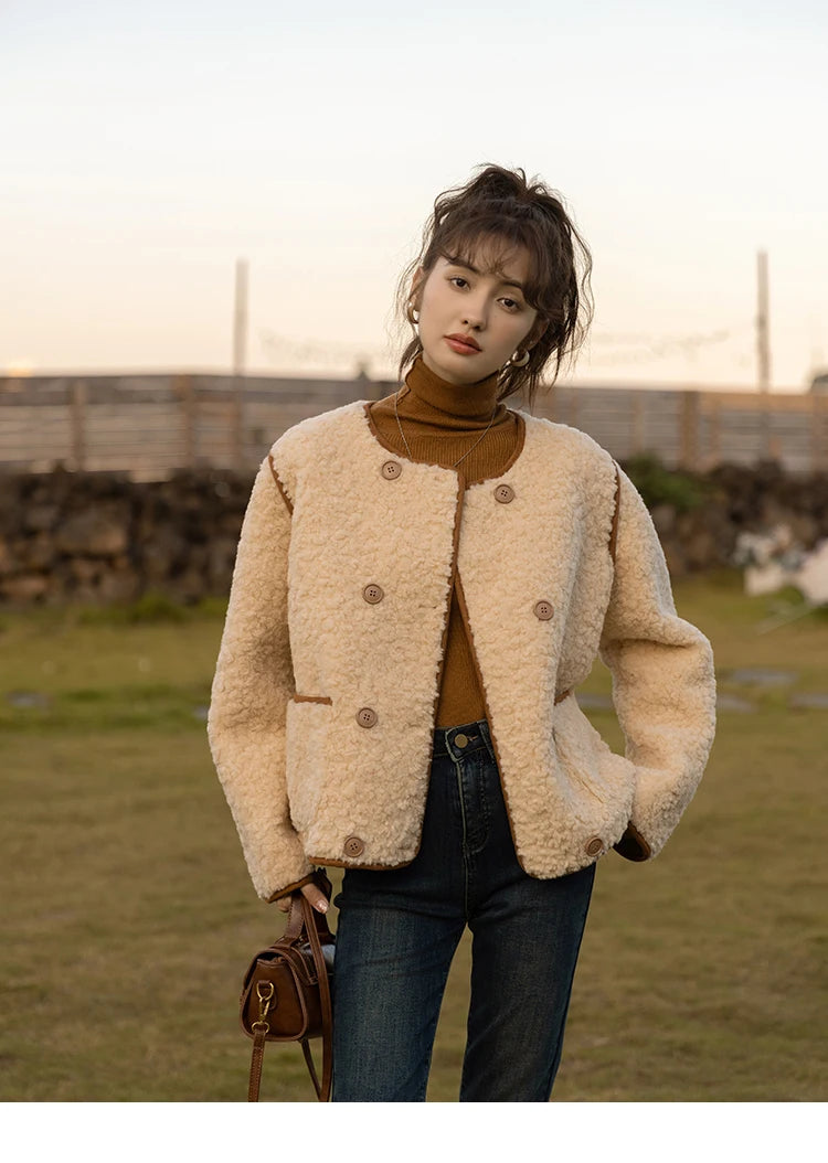 MISHOW Lamb Wool Coat 2023 Double Breasted Winter French Lambswool Jacket Women's Thick Warm Solid New Outerwears MXB45W0850