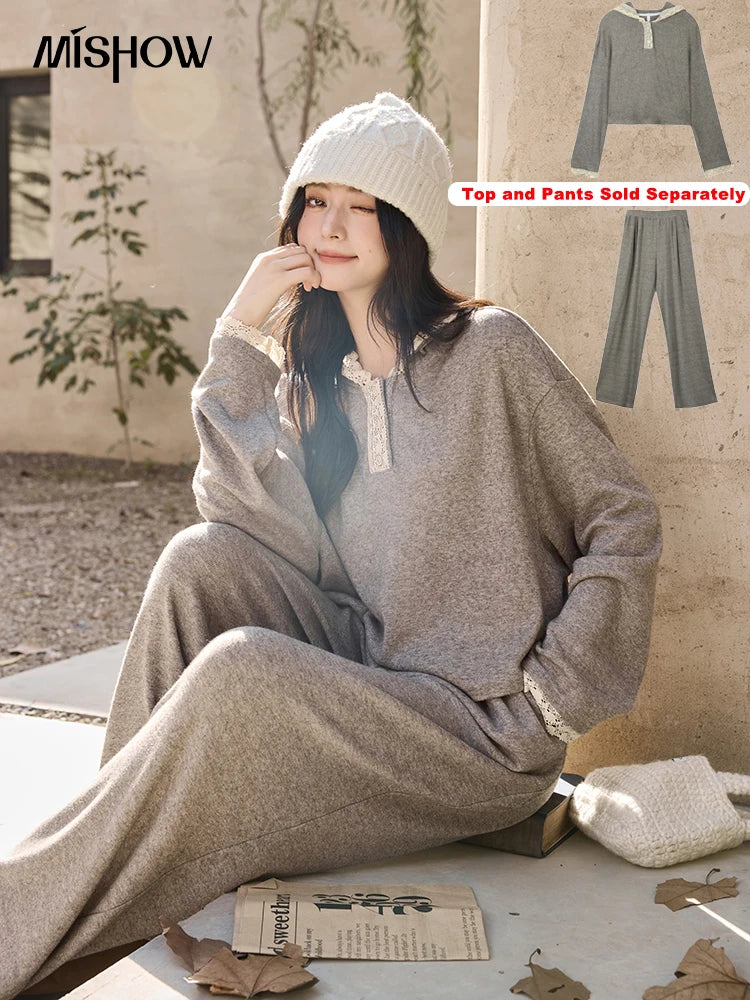 MISHOW Women's Sweatshirt Wide Leg Pants Separately 2025 Fall Winter Lace Splicing Hooded Casual Elastic Waist Pants MXD34V0098