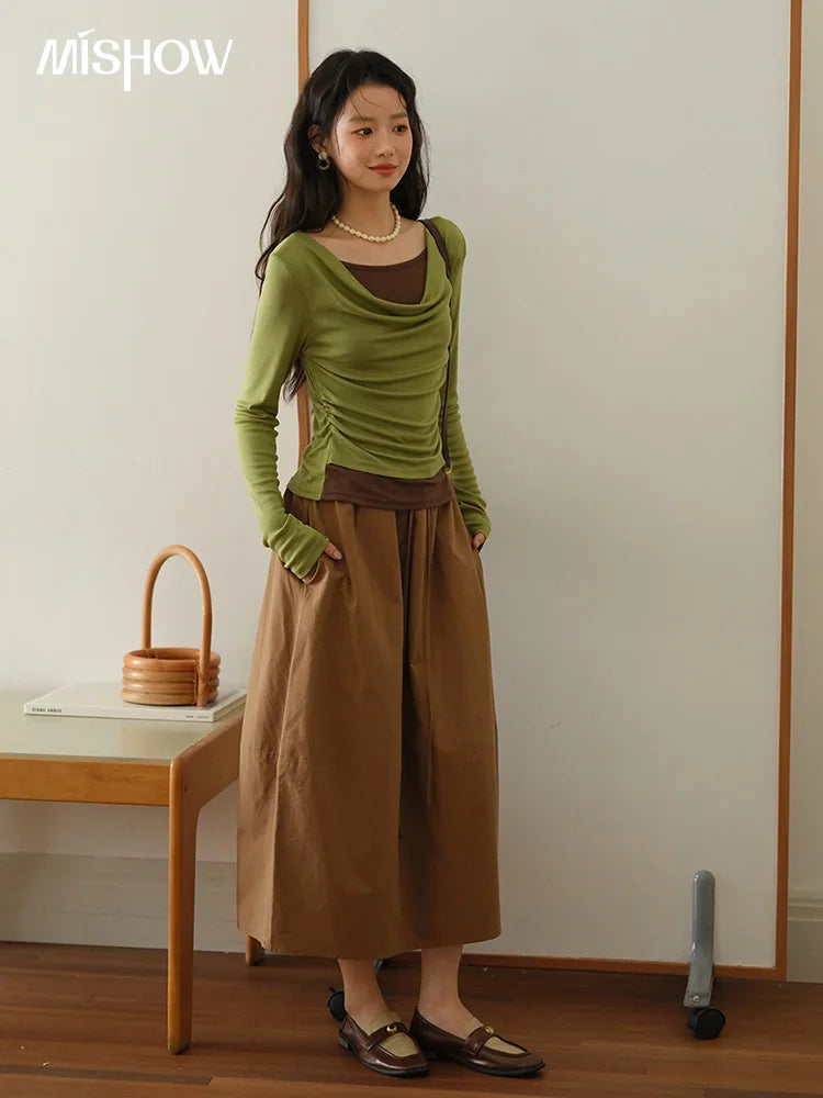 MISHOW Autumn Brown Cotton Bud Skirt 2025 Autumn Elastic Drawstring High Waist Slim A-line Casual Skirt with Pocket MXE41B2367