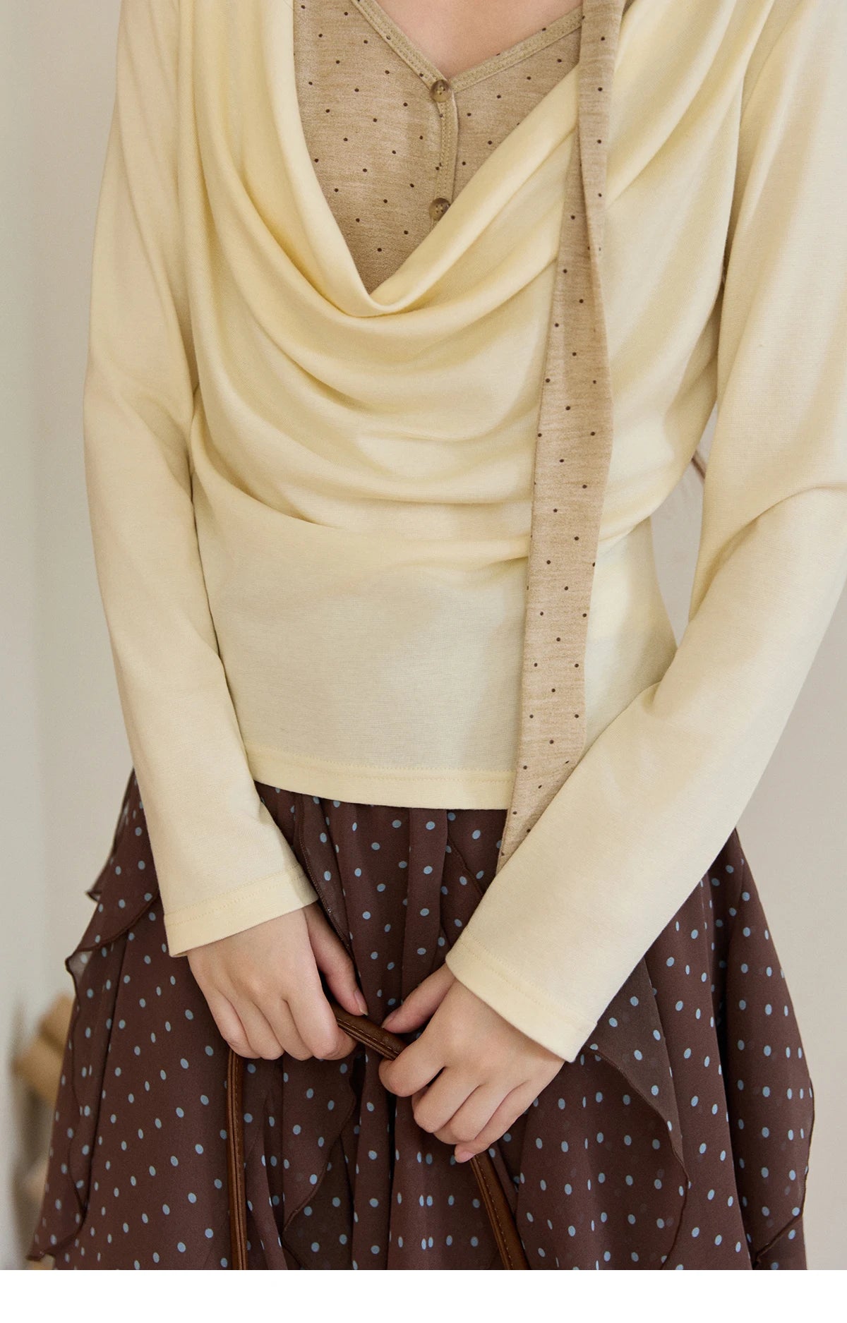 MISHOW Women's Wool Blend Fake Two Piece Draped Neck Knit Top 2026 Spring Wave Point Ribbon Contrast Color Casual Top MXF13Z2977