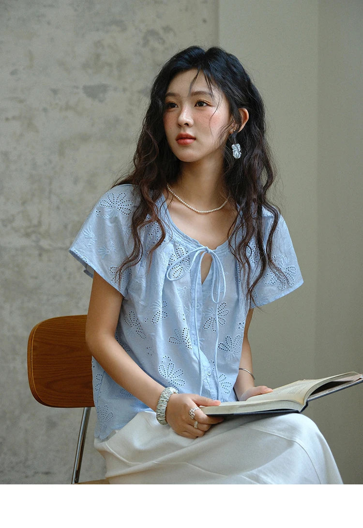 MISHOW Cotton Shirt O-Neck Button Lace Up Hollow Embroidery MXE37X1890