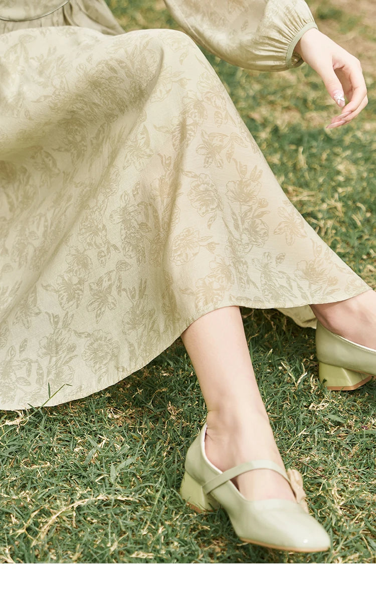 MISHOW Retro Chinese Improved Cheongsam Dress 2024 Spring Chiffon Printing Green Puff Sleeve Stand Neck Waist Dresses MXD14L1767