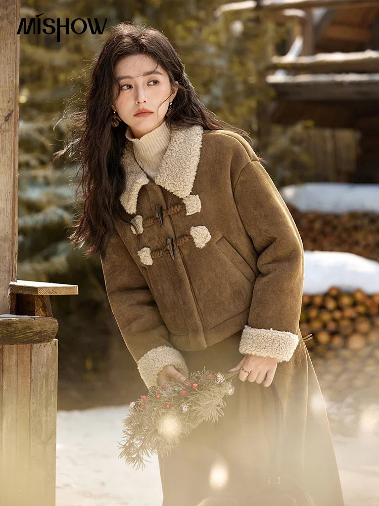 MISHOW Vintage Coats Midi Skirts Separately Brown Suede Plush Jacket Bull Horn Buckle Spliced Design Thick Warm Top MXD36W0500