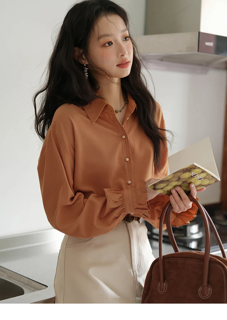 MISHOW Women's Shirts 2025 Autumn Color Blocking Buttons Pleated Cuffs Loose Top Female Solid Lapel Commuting Shirts MXE41C2352