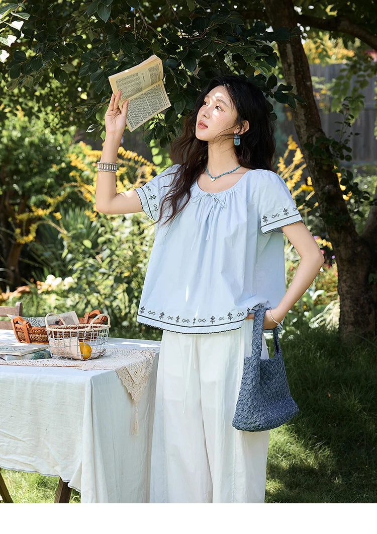 MISHOW Cotton Blouse Round Neck Lace Up Puff Sleeve MXE39X1966