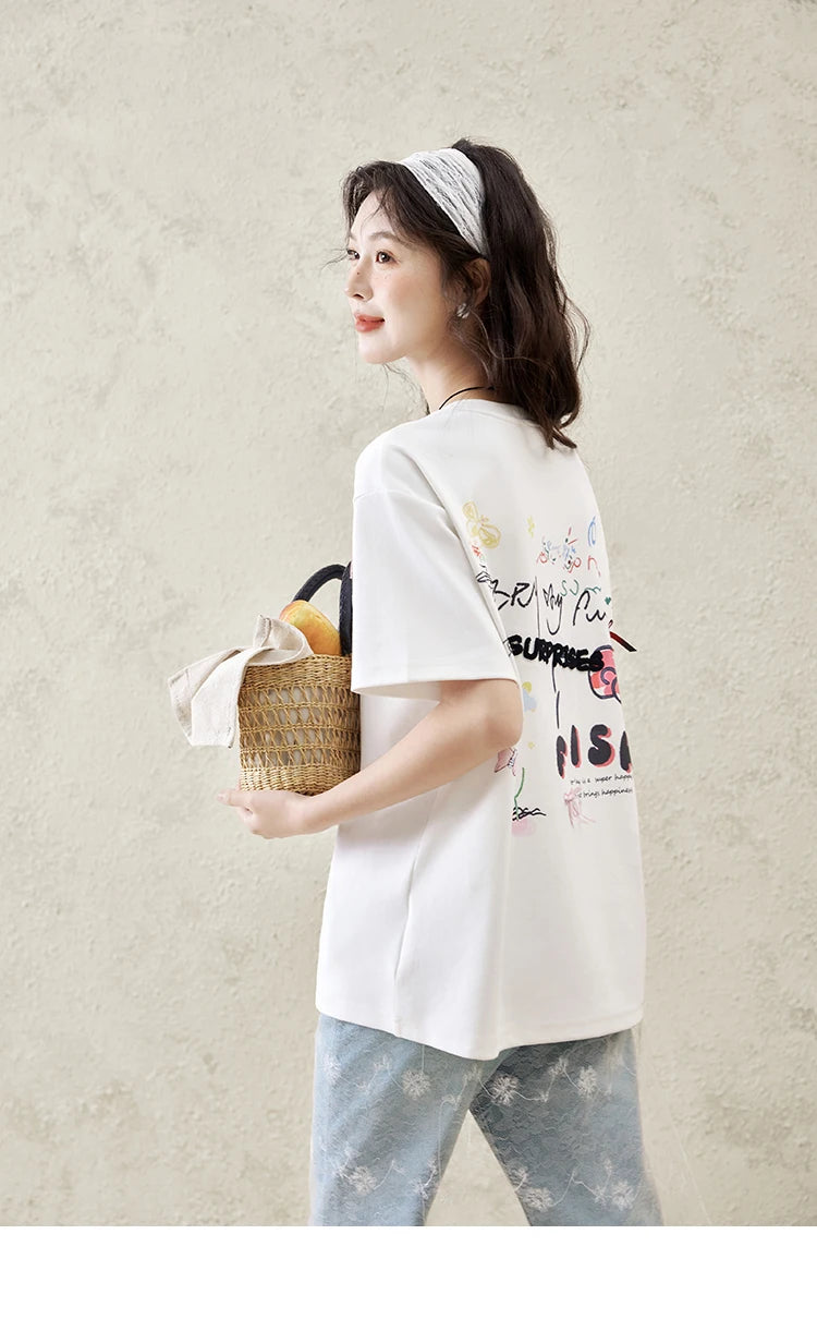 MISHOW Casual Graffiti T-shirt Women Summer 2025 Short Sleeve Round Neck Loose Shirts Female New Fashion Tops Lady MXE15T0475