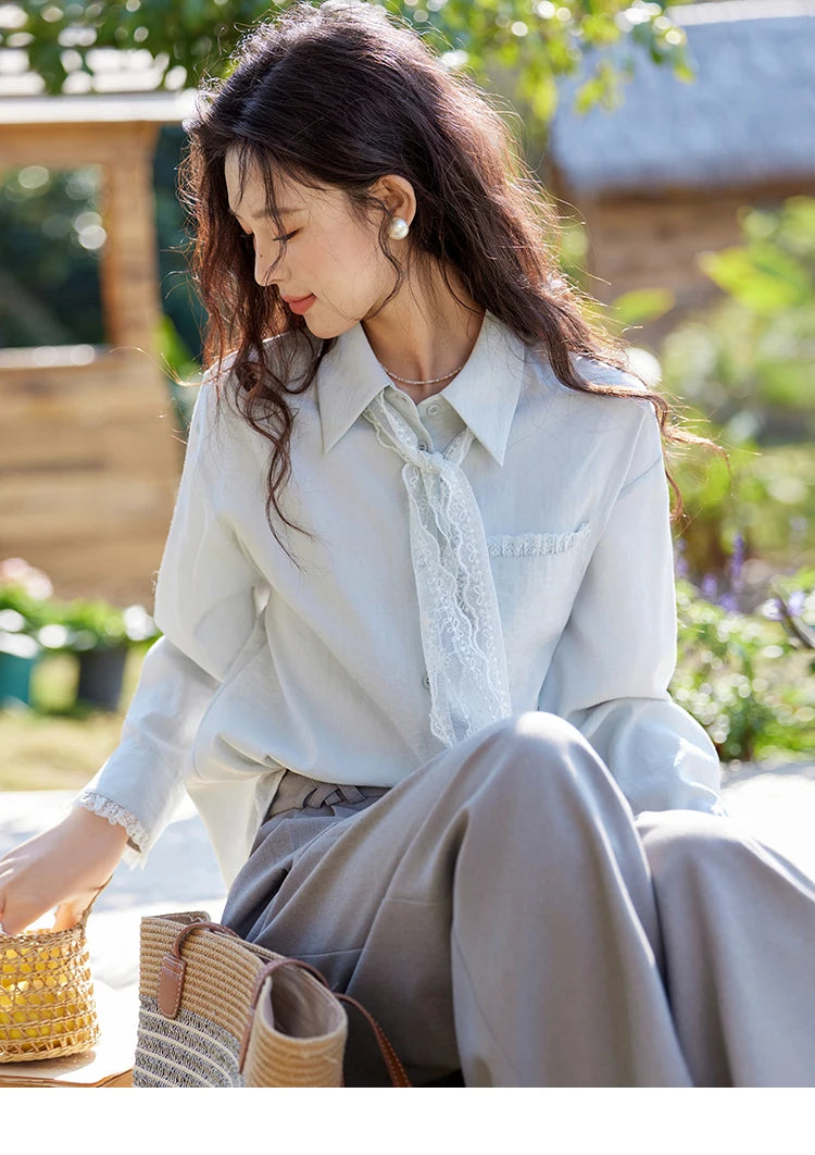 MISHOW French Spring Blouses Women 2025 New Long Sleeve Turn-down Collar Loose Shirts Female Fashion Lace Casual Tops MXE16C0760