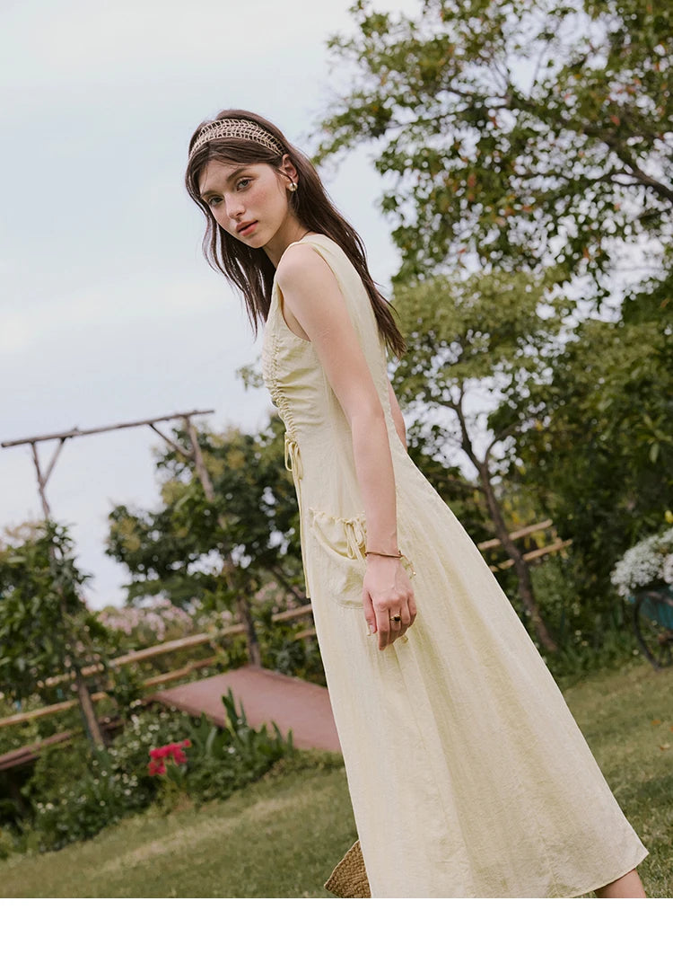 MISHOW Office Lady Summer Dress Women New 2025 Sleeveless Round Neck Drawstring Waist with Pockets Slim Dresses Woman MXE34L2228