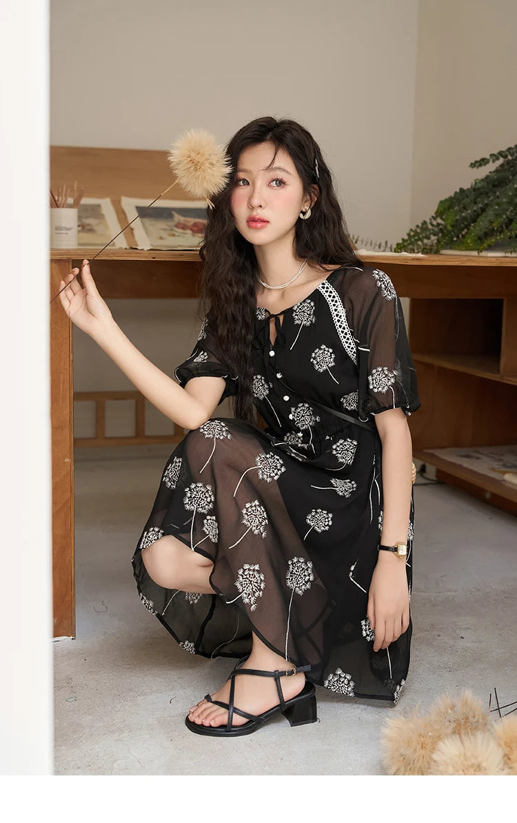 MISHOW【Taraxacum Series】Black Embroidered Dress for Women 2023 Summer French Tea Break Lace-up Retro Romantic Dresses MXC39L1567