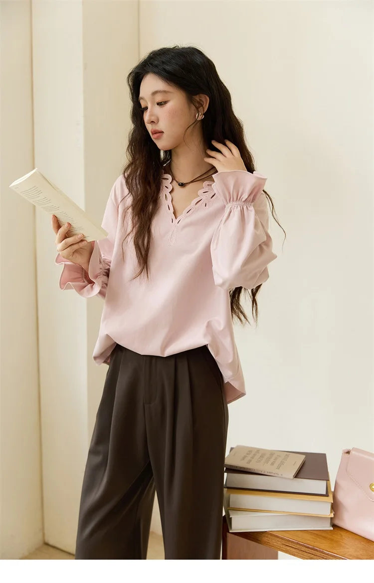 MISHOW Women's Elegant Blouse 2025 Autumn French Style Hollow Out V Neck Pink Blouse Loose Commute Long Sleeves Top MXE48X2502