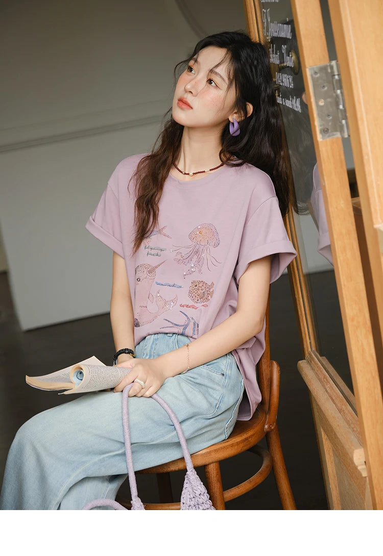 MISHOW Fashion Print T-shirts for women 2025 Summer New O-Neck Loose Casual Short Sleeve Cotton Top Female Clothing MXE36T0575