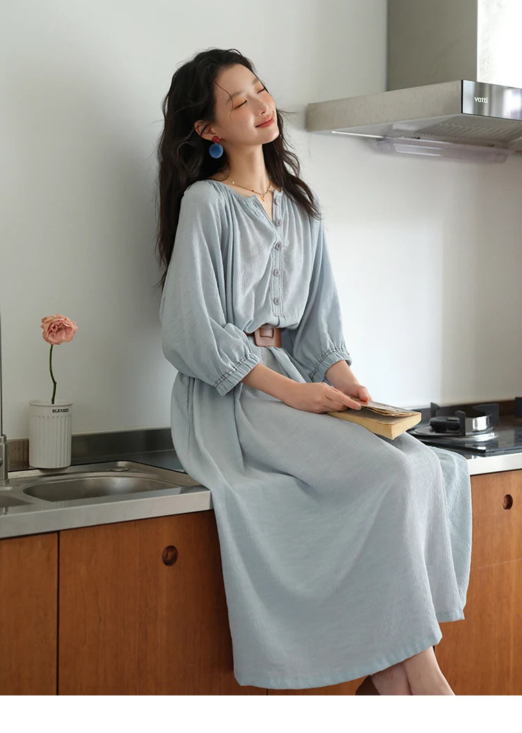 MISHOW Women's Half Sleeve Button Bamboo Knot Dress with Bohemian Belt 2025 Autumn Blue Long Dress Ladies Clothing MXE20L2468