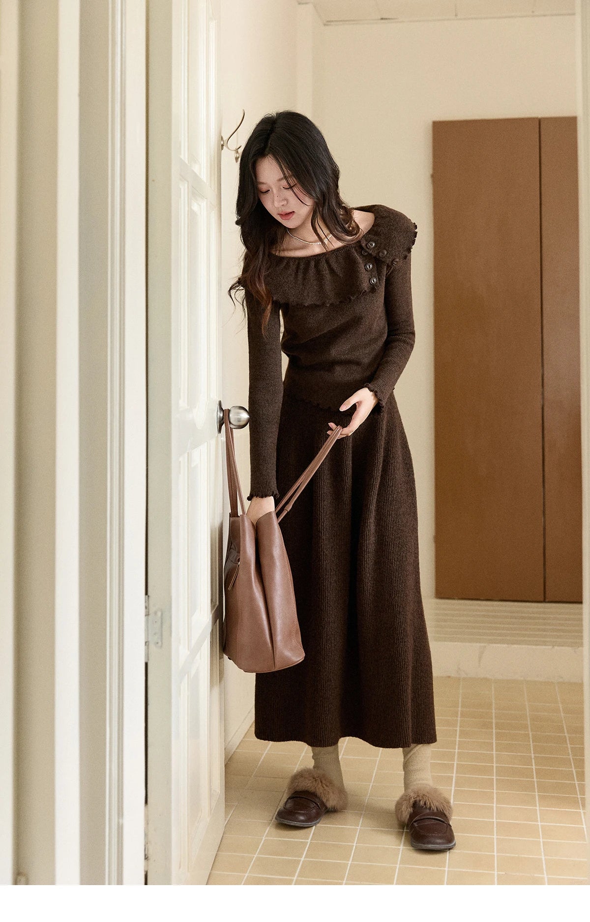 MISHOW Women's Retro Knitted Two-Piece Set 2025 Winter Coffee Ruffle Boat Neck Top A-Line Elastic Waist Skirt Outfit MXE93T1455