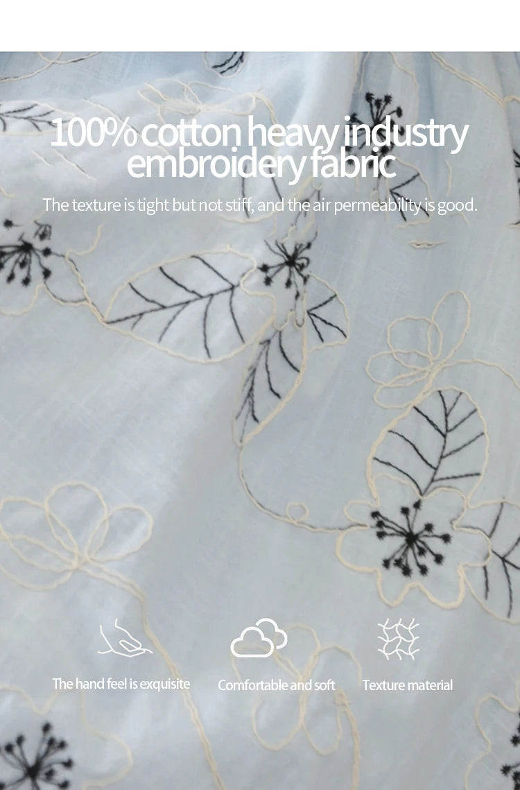 MISHOW Blue Flower Embroidered Dress 2025 Autumn Seven Cent Lantern Sleeve Tassel Tie Rope V-neck Dresses with Belt MXE42L2493