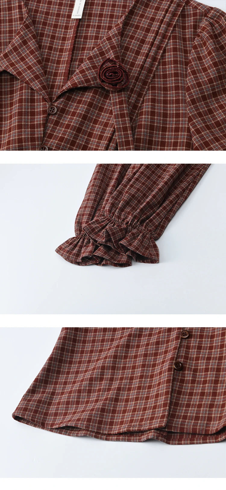 MISHOW Women's Red Tied Plaid Shirt 2025 Autumn New Arrival Sweet 3D Floral Turn-Down Collar Long-Sleeve Blouse Women MXE45X2481