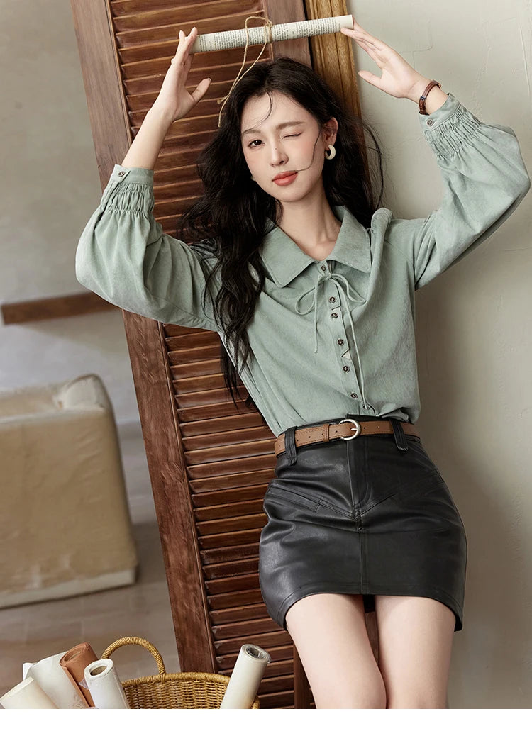 MISHOW Vintage Green Blouse Bow Lace-Up Lantern Sleeve MXD44C0337