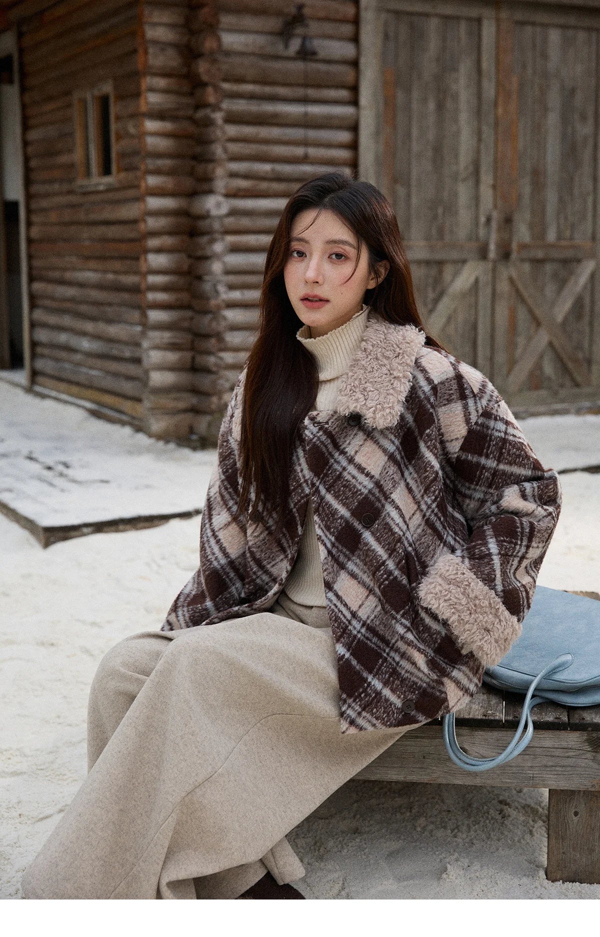 MISHOW Woman Jacket 2025 Autumn Winter Loose Retro Plaid Turn-down Collar Short Jacket Commute Warm Wool Blend Coat MXE89W0904
