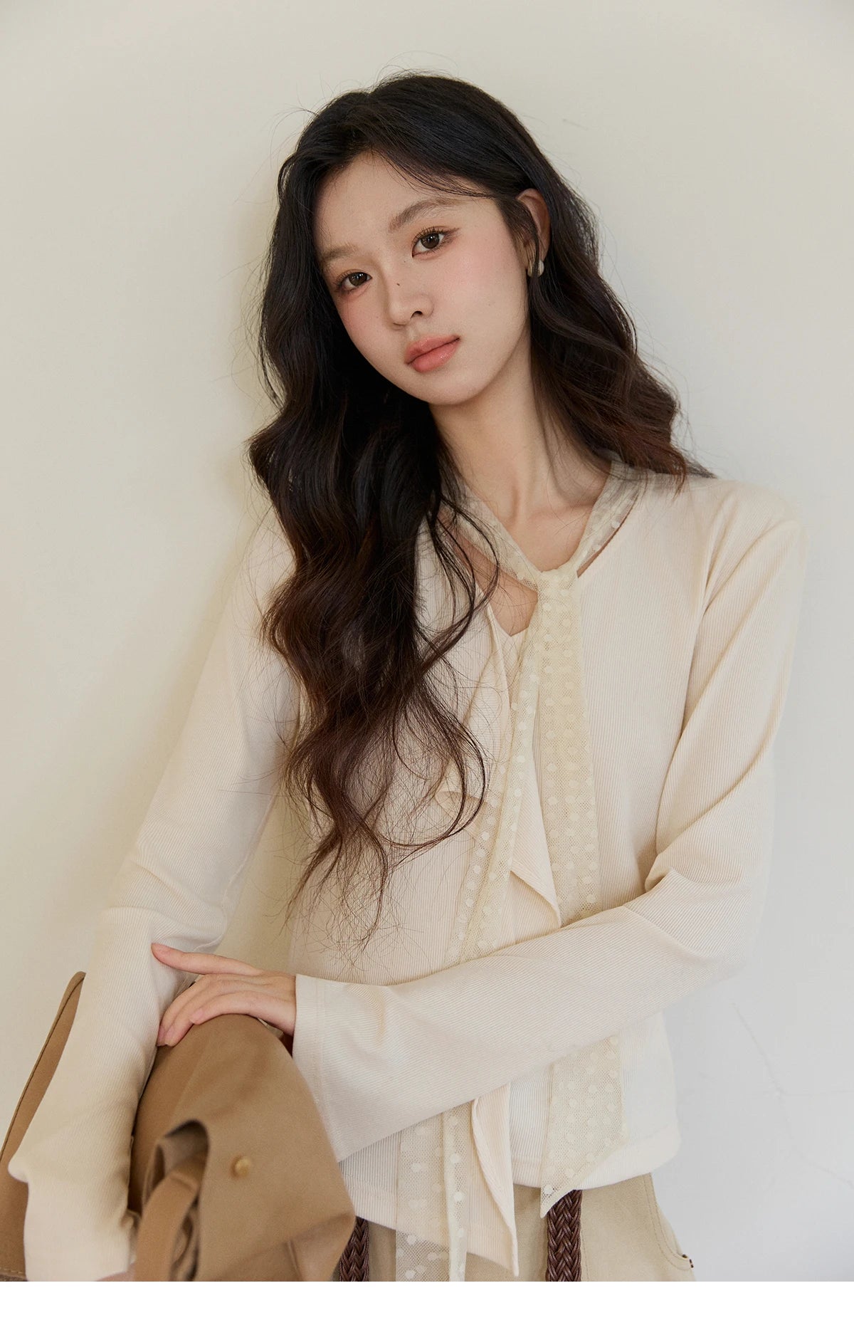 MISHOW Women's V-neck Splicing Lace Ribbon Long Sleeve Tops Spring Ruffled Asymmetrical Hem Flare Sleeve Knitwear MXF108Z1016