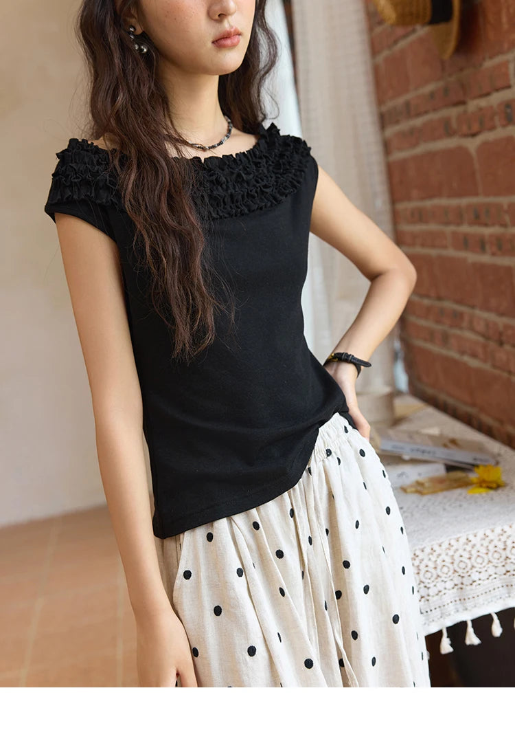 MISHOW French Stringy Selvedge One Neck T-shirt for Women Summer 2025 Raglan Sleeves Wool Short Top Sexy Solid Tees MXE34T0605