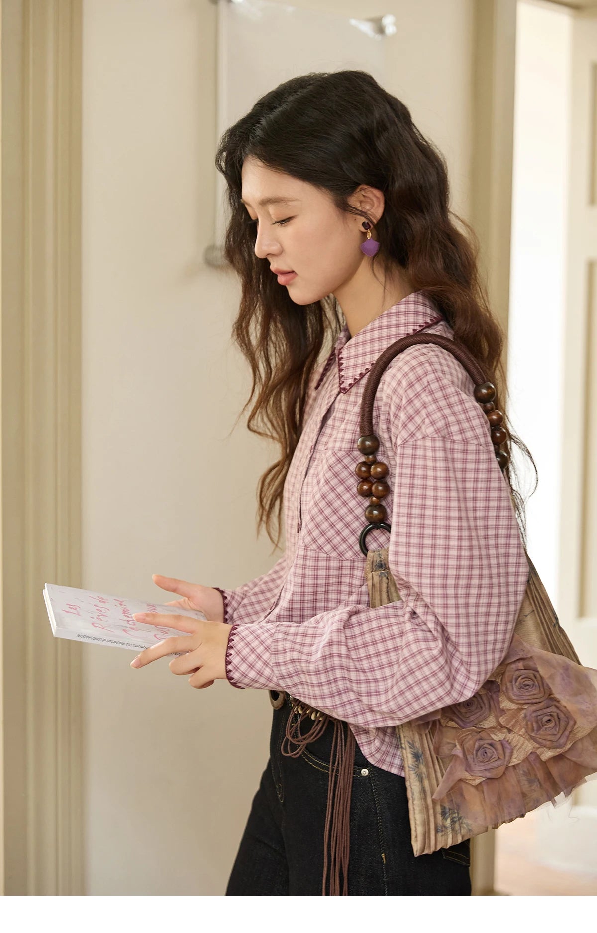 MISHOW Purple Plaid Shirt for Women Autumn 2025 Contrasting Embroidery Irregular Placket Shirt with Pocket Casual Top MXE44C2394