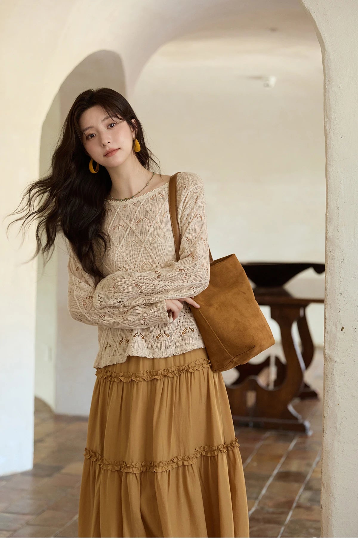 MISHOW Women's Diamond Patterned Knitted Top 2025 Autumn Bohemian Hollowed Out Thin Top Scoop Neck Knitted Sweaters MXE42Z1332