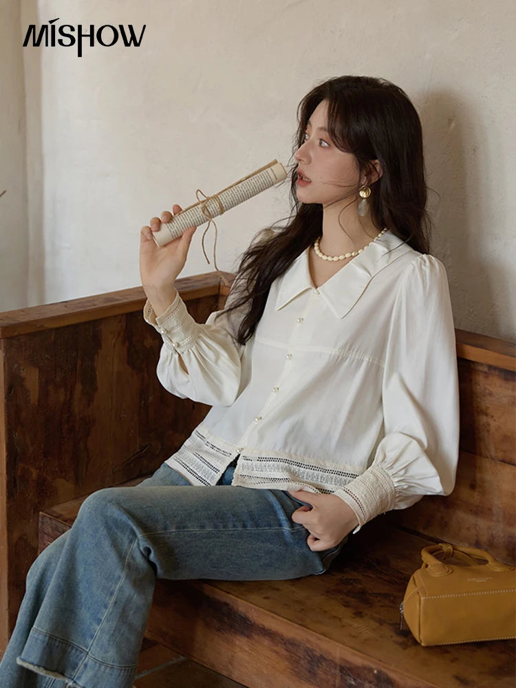 MISHOW Women's French Lace Patchwork Shirt 2025 Autumn Butterfly Collar Lantern Sleeves Apricot Elegant Commuting Top MXE41C2357