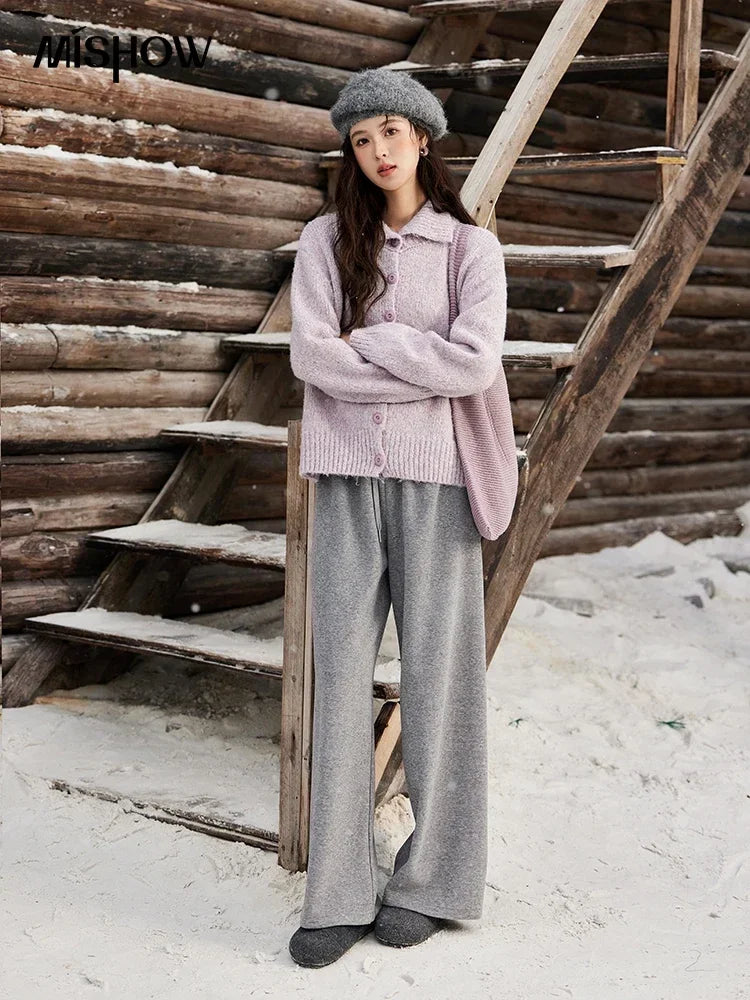 MISHOW Turn Down Collar Wool Blend Sweater Women Solid Single-breasted Tops Thickened Warm Versatile Knitted Cardigan MXD59Z1136