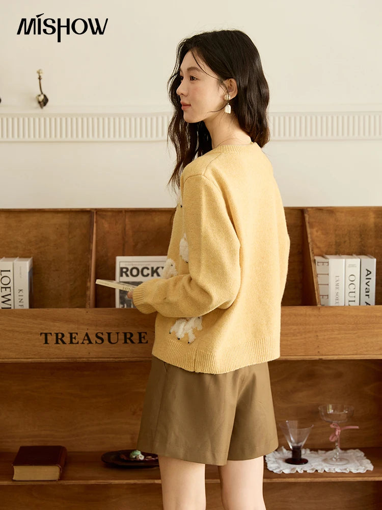 MISHOW Lamb Jacquard Knit Cardigan Women 2025 Autumn New Lambskin Round Neck Single-breasted Commuting Loose Sweater MXE48Z2571
