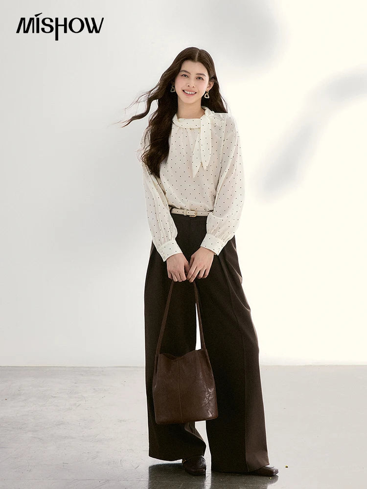 MISHOW Women's White Polka Dot Blouse Spring Bow Tie Neck Sheer Chiffon Blouses Casual Long Sleeve Top Office Lady MXF13X2531