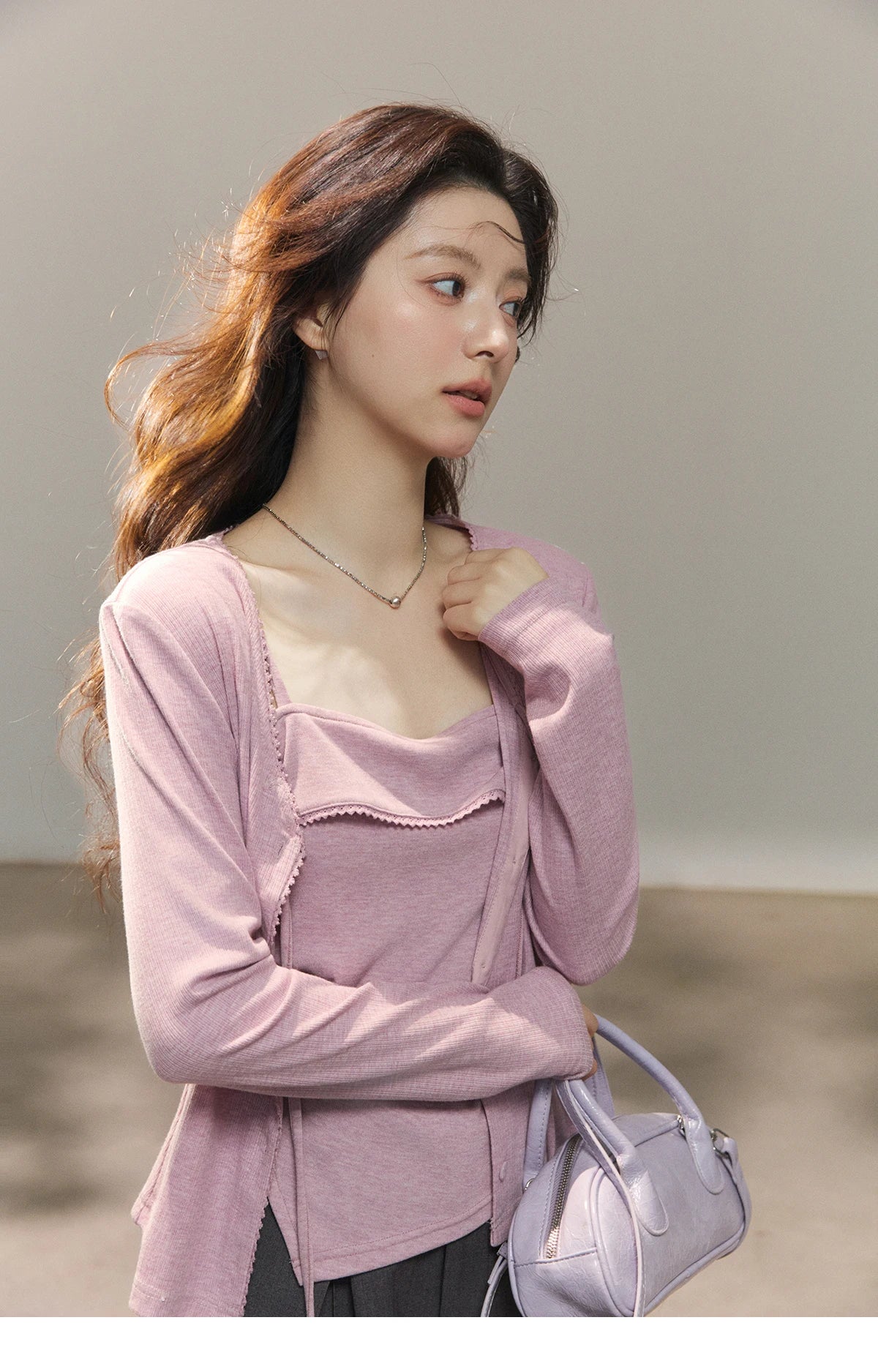 MISHOW Women's Purple Knitted Two-Piece Set 2026 Spring Knitted V-neck Lace-Up Cardigans Camisole Irregular Tops Set MXF13Z2998