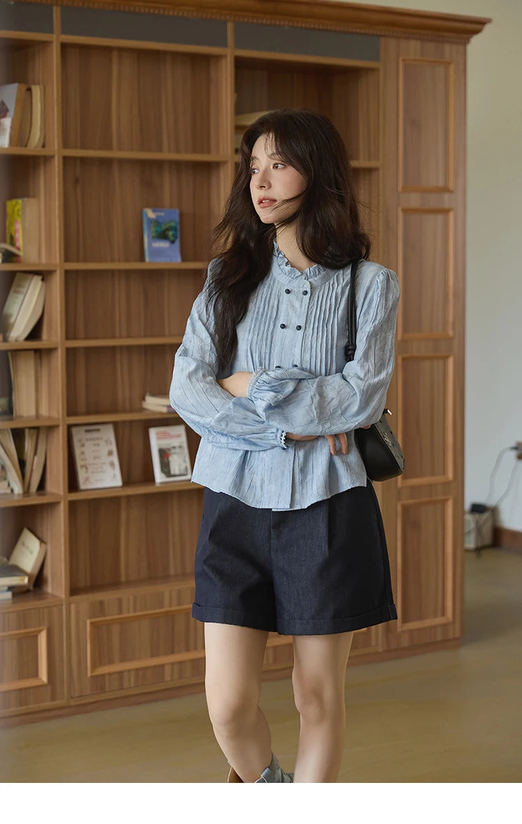 MISHOW Women's Shirt 2025 Autumn Blue Polka Dot Chiffon Loose Shirt Stand Collar Double Row Buckle Lantern Sleeve Top MXE41X1926