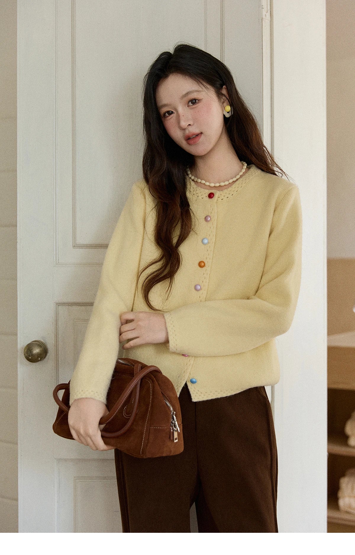 MISHOW Women's Cardigan 2025 Slim Fit Hollow Out Round Neck Rainbow Button Sweater French Style Solid Warm Knitwear MXE90Z2796