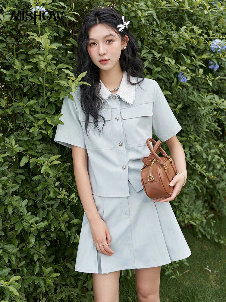 MISHOW French Fragrance Top Pleated Skirt Separately 2024 Lapel Neck Single Breasted Shirt High Waist A-line Skirts MXD24C0201