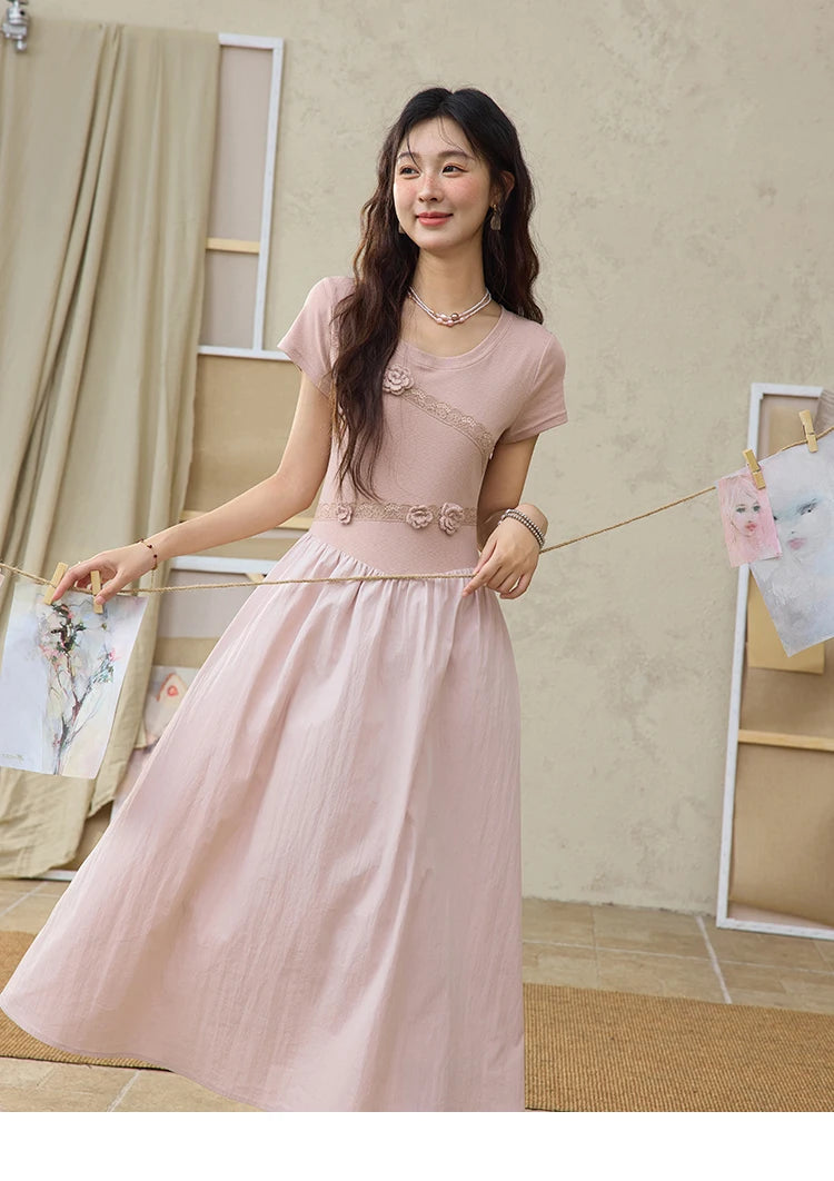 MISHOW Woven Patchwork Knitted Dress Female Summer 2025 French Waist Slim Long Dress Pink Round Neck Elegnat Dresses MXE36L2247