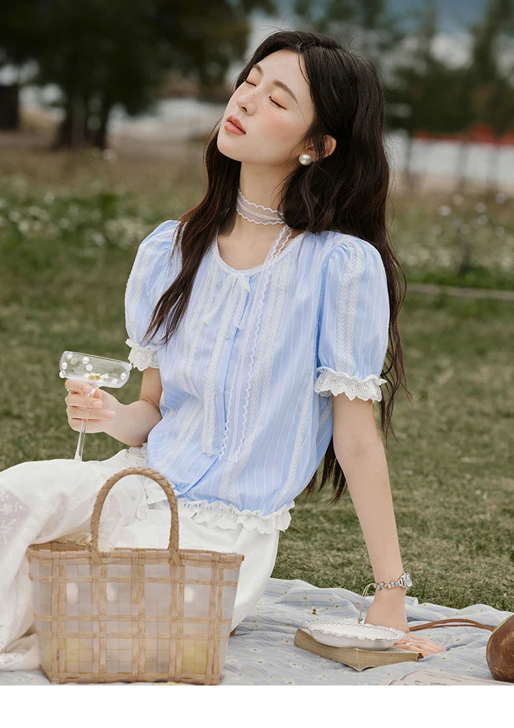 MISHOW French Striped Summer Blouses Women 2025 New Short Puff Sleeve Round Neck Lace Patchwork Shirts Fashion Tops MXE32X1759