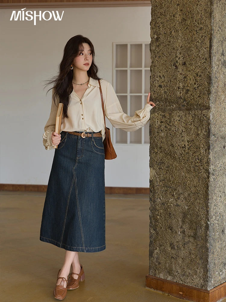 MISHOW Women's Shirt Lantern Sleeve Hollow Out Tops 2025 Autumn Single Breasted Solid Shirts Lapel Shirt Office Lady MXE41C2359