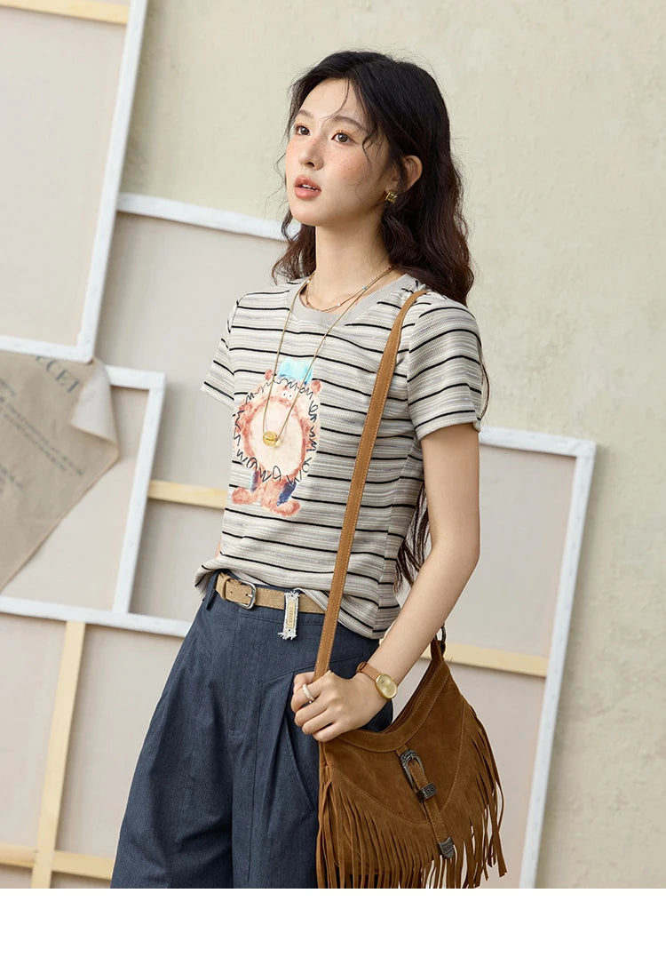 MISHOW Striped Cartoon Pufferfish Printed T-shirt for Women Summer 2025 Slim Shoulders Cotton Tees Short Sleeved Top MXE32T0538
