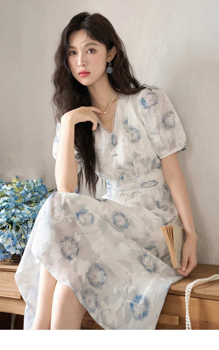 MISHOW 【Taraxacum Series】Chiffon Dress for Women 2023 Summer French Taraxacum Printing V-neck Waist Puff Sleeve Dress MXC39L1555