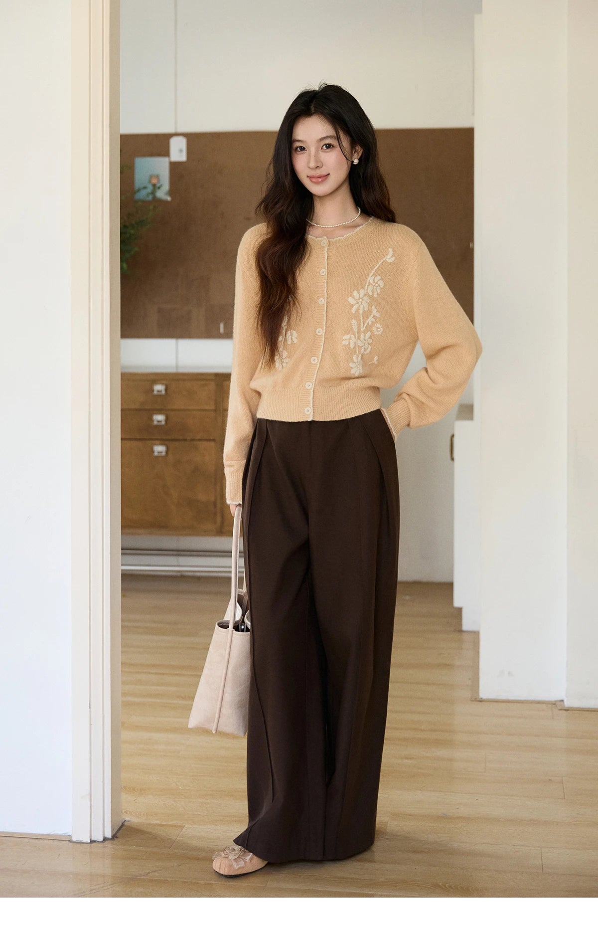 MISHOW Women's Camel Knitted Cardigan 2026 Spring Floral Embroidery Crew Neck Tops Button Warm Loose Cropped Sweater MXF11Z2896