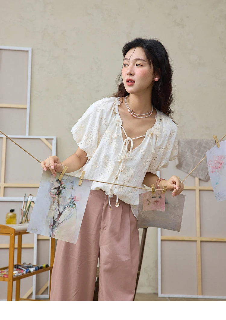 MISHOW Fashion Embroidery Jacquard Design Short Sleeve Shirt for Women 2025 Summer New V-neck Lace Up Retro Loose Top MXE35X1790