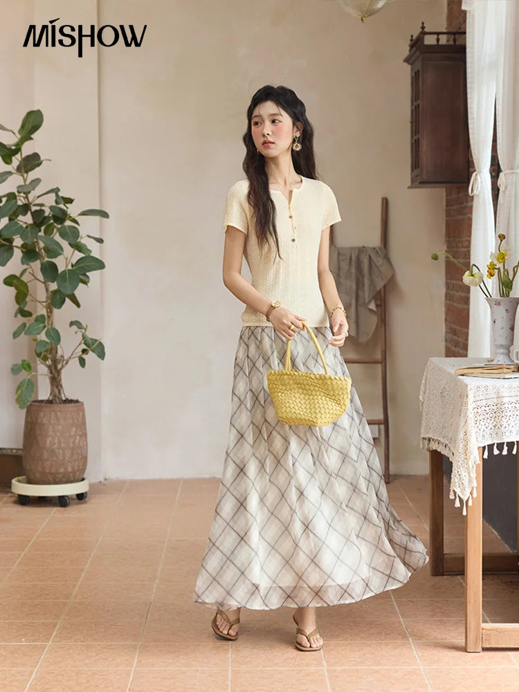 MISHOW Apricot Green Retro Plaid Skirt for Women Summer 2025 Pleated Chiffon High Waist Elegant Slim A-line Skirts MXE35B0747