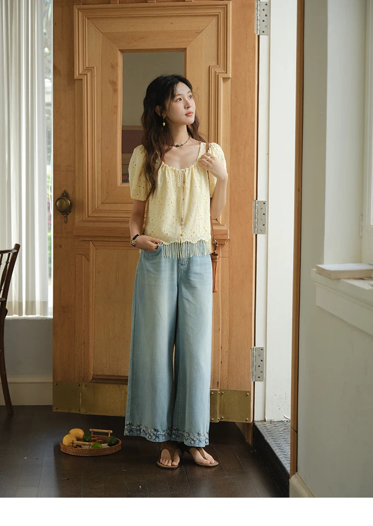 MISHOW Women's Fashion Hollow Out Blouse Summer 2025 Embroidery Puff Sleeve Square Collar Tassel Ladies Casual Top MXE37X1851