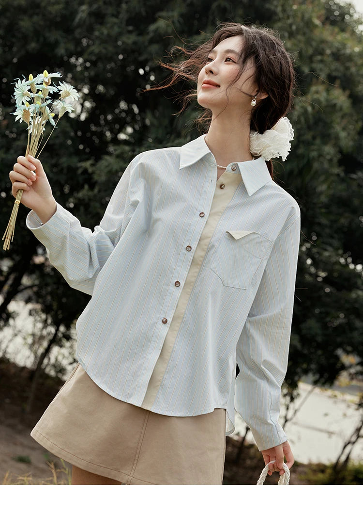 MISHOW Light Blue Striped Shirt for Women Spring 2025 Contrast Color Placket Shirt 100 Cotton Polo Neck Commuting Top MXE15C0762