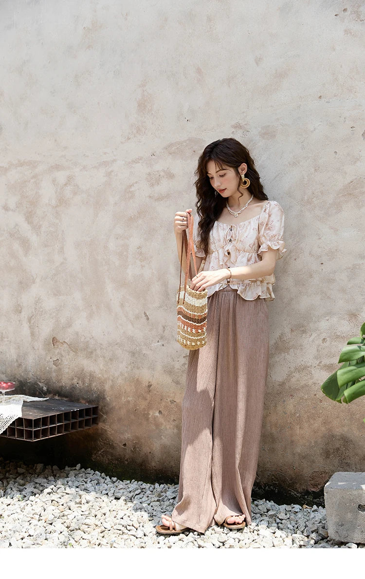 MISHOW French Floral Print Square Neck Shirt for Women 2025 Summer Bubble Sleeve Patchwork Double-layer Ruffle Tops MXD30X1565