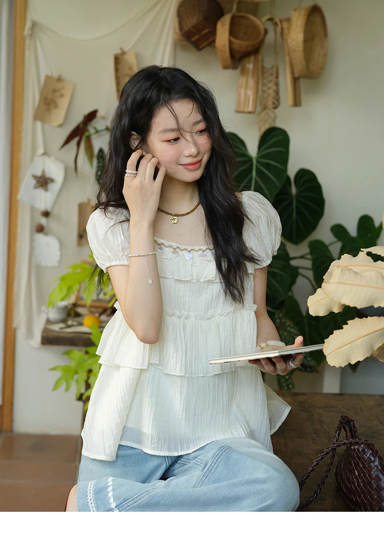 MISHOW French Summer Blouse Women New 2025 Short Sleeve Square Collar Cake Ribbon Shirts Female Fashion Slimming Tops MXE33X1763