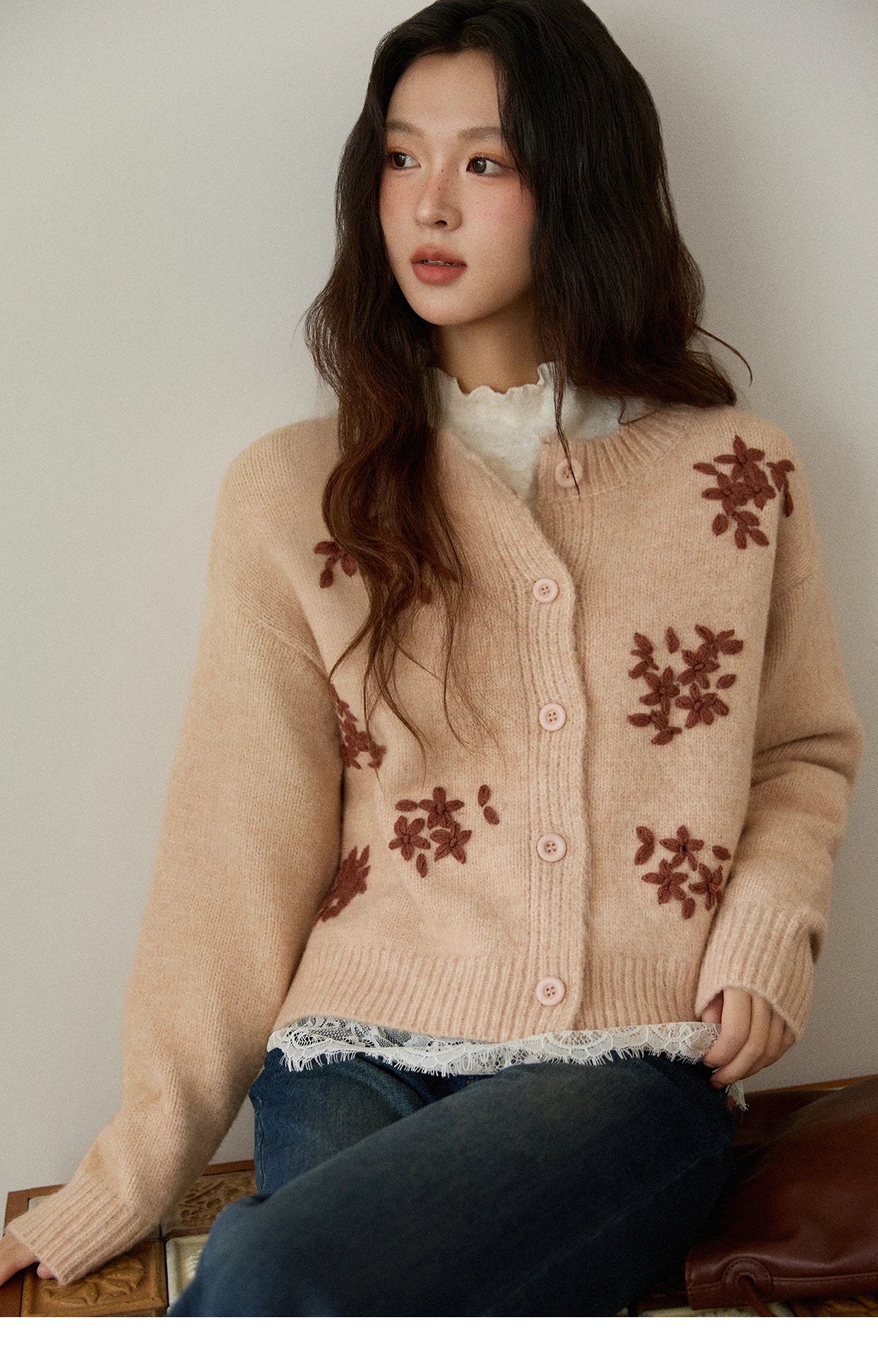 Mishow Floral Embroidery Round Neck Wool Cardigan MXE86Z2724