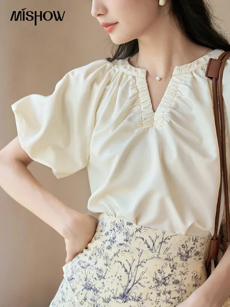 MISHOW Women's Blouses 2023 Summer French Elegant Solid V-Neck Short Sleeve Pullover LOOSE female Puff Sleeve Tops MXC38X0043